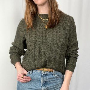 Vintage Merino Wool Oversized Cable Knit Fisherman Crew Sweater Sage Green Cozy